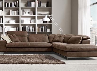 Design Ecksofa Prianera Moderne Luxus Ecke Leder Holz Sofa L-Form Braun
