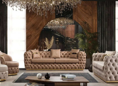 Chesterfield Sofagarnitur 3+3+1+1 Sitzer Garnitur Sofa Sessel Sofas Leder Beige