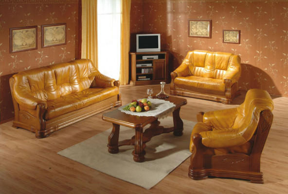 Wohnzimmer Leder Holz Möbel Garnitur 3+2+1 Sofa Couch Polster Sitz