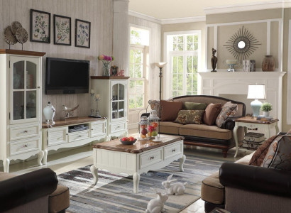 Landhaus Stol Wohnwand Wohnzimmer Vitrine Sideboard rtv Holz Schrank Möbel 3tlg