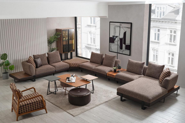 Braunes U-Form Textil Sofa Designer Ecksofa Große Polster Wohnlandschaft