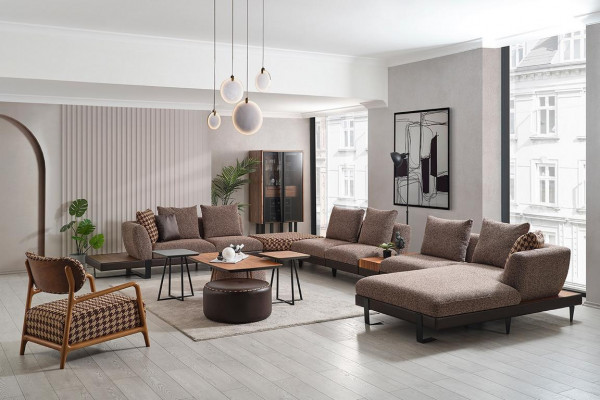 Braunes U-Form Textil Sofa Designer Ecksofa Große Polster Wohnlandschaft