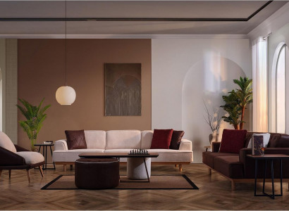 Stilvolle Braun-Weiße Sofagarnitur Wohnzimmer Sessel Couchtisch Hocker