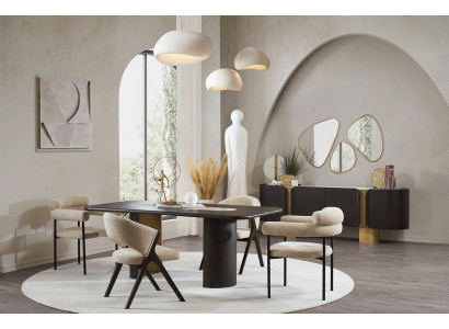 Schwarz-Beige Esszimmer Garnitur Rechteckiger Esstisch 4x Stühle Spiegel