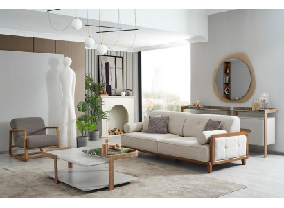 Edle Weiß-Graue Sofagarnitur Dreisitzer Designer Sessel Holz Couchtisch