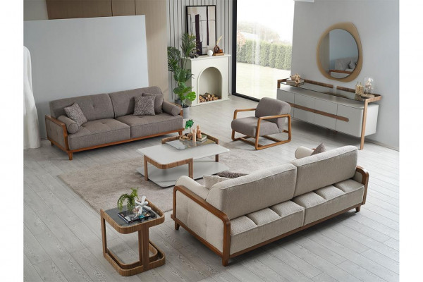 Edle Weiß-Graue Sofagarnitur Dreisitzer Designer Sessel Holz Couchtisch