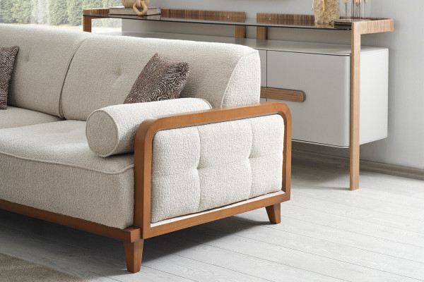 Edle Weiß-Graue Sofagarnitur Dreisitzer Designer Sessel Holz Couchtisch