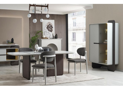 Grau-Weiße Esszimmer Garnitur Luxuriöser Esstisch 4x Stühle Vitrine 6tlg