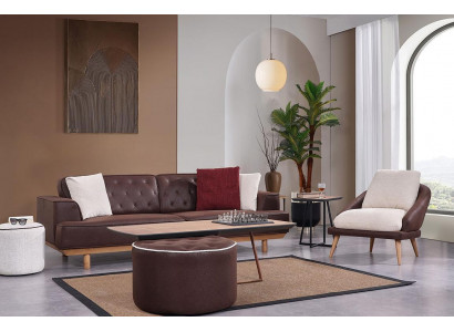 Braun-Weiße Sofagarnitur Wohnzimmer Dreisitzer Luxus Sessel 2tlg Set