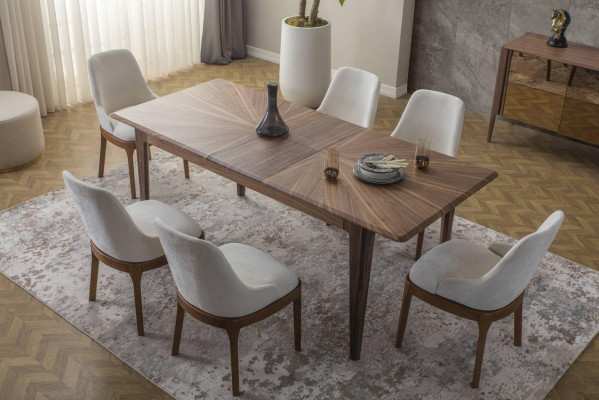 Luxuriöse Esszimmer Garnitur Recheckiger Esstisch 6x Textilstühle 9tlg
