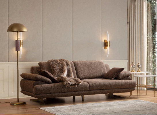 Beige-Braune Wohnzimmer Sofagarnitur 3 Sitzer Polstersessel Couchtisch