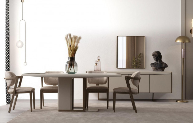 Beige Esszimmergarnitur Designer Esstisch Polsterstühle Luxus Anrichte