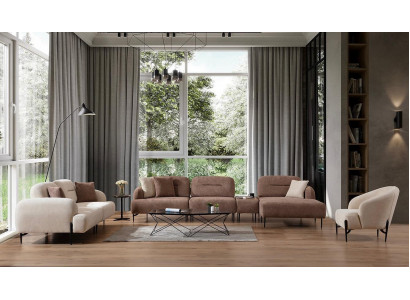 Moderne Braun-Weiße Sofagarnitur 3 Sitzer Stoffsessel L-Form Ecksofa