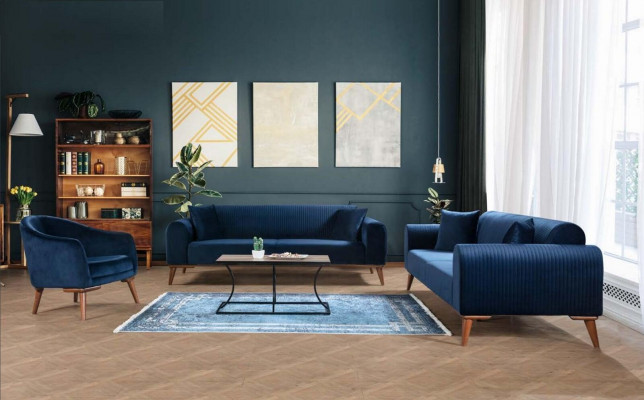 Elegante Blaue Dreisitzer Couch Sofa Wohnzimmer Sitzmöbel Samt
