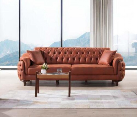 Orange Chesterfield Couch Dreisitzer Sofa Möbel Samt Holz Sitzpolster