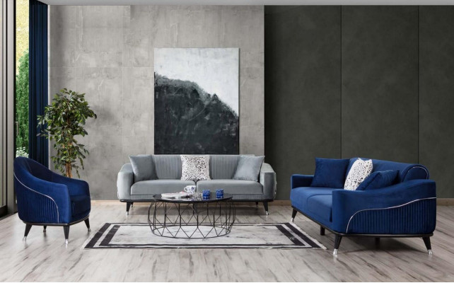 Blaue Design Couch Dreisitzer Luxus Sofa Samt Möble Stoff Textil