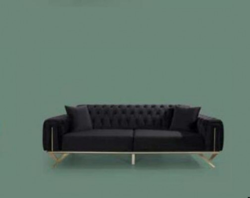 Schwarz Chesterfield Couch Dreisitzer Sitzpolster Sofa Samt Holz