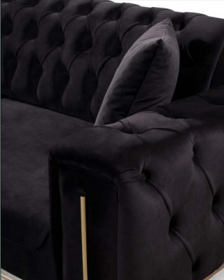 Schwarz Chesterfield Couch Dreisitzer Sitzpolster Sofa Samt Holz
