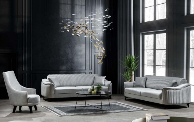 Graue Couch Wohnzimmer Dreisitzer Sitzpolster Sofa Möbel Samt Holz