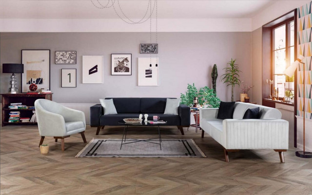 Schwarz Sofa 3 Sitzer Polster Couch Wohnzimmer Holz Möbel