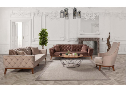 Sofagarnitur Sofa 3+3+1 Sitz Braun Sessel Stoff Chesterfield Samt