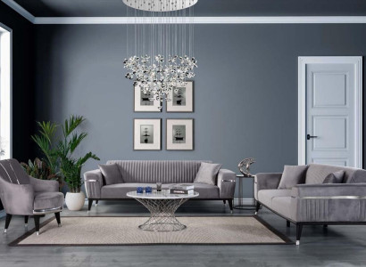 Sofagarnitur 3+3+1 Sitzer Sofa Sofas Sessel Stoff Holz Graue Couchen