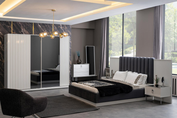 Komplettes Schlafzimmer Set Bett Nachttisch Kleiderschrank Kommode Design 5 tlg.