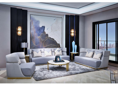  Luxuriöses graues mit goldenen Elementen Jugendstil-Wohnzimmer-Set 3+2+1 