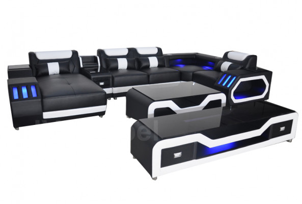 Leder Sofas Eck Garnitur Design Sofa Wohnlandschaft + Couch Tisch + RTV USB Neu
