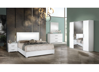 Schlafzimmer Bett Nachttisch Kleiderschrank Kommode Spiegel Modern Weiß Set 6tlg
