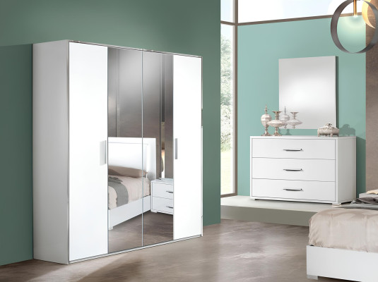 Schlafzimmer Bett Nachttisch Kleiderschrank Kommode Spiegel Modern Weiß Set 6tlg