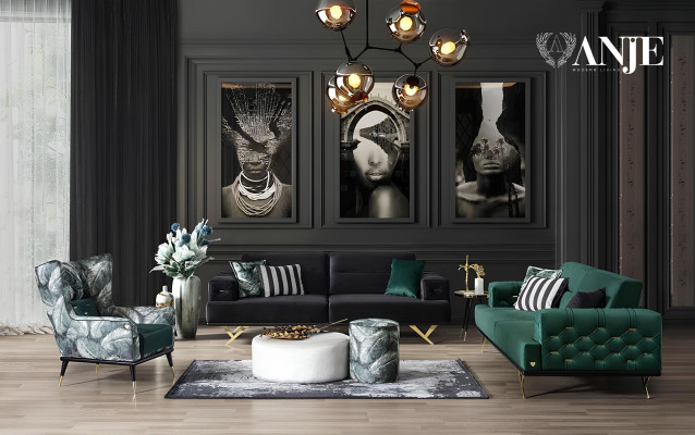 Wohnzimmergarnitur Sofa Dreisitzer Beistelltisch Grün Edelstahlmöbel Neu