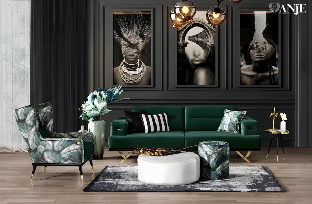 Wohnzimmergarnitur Sofa Dreisitzer Beistelltisch Grün Edelstahlmöbel Neu