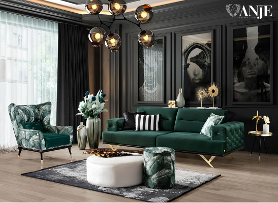 Wohnzimmergarnitur Sofa Dreisitzer Beistelltisch Grün Edelstahlmöbel Neu