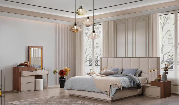 Beige Schlafzimmer Garnitur Luxuriöse Polsterbetten Nachttische Schrank