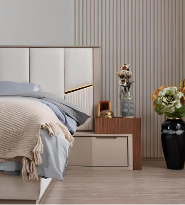 Beige Schlafzimmer Garnitur Luxuriöse Polsterbetten Nachttische Schrank