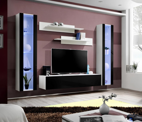 Wohnwand Luxus Set 5tlg. Wohnzimmer rtv Hänge Vitrine Moderne TV-Ständer Schwarz