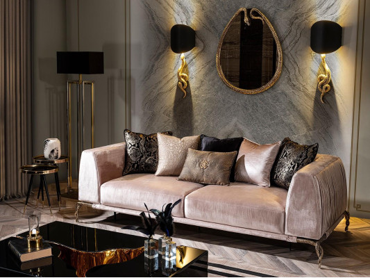 Wohnzimmer Set Möbel Einrichtung Polster Möbel Lampe Spiegel Hocker Sofa 7tlg