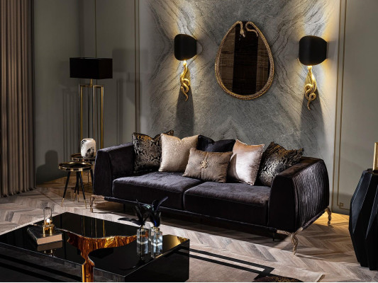 Wohnzimmer Set Möbel Einrichtung Polster Möbel Lampe Spiegel Hocker Sofa 7tlg