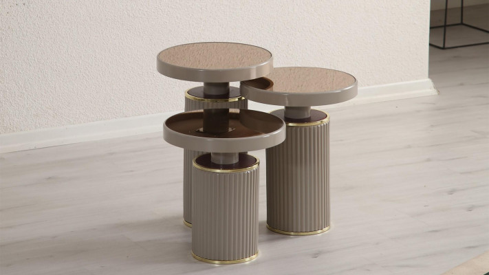 Beistelltisch 3x Set beige Wohnzimmertisch Rund Satztisch Modern Luxus Neu