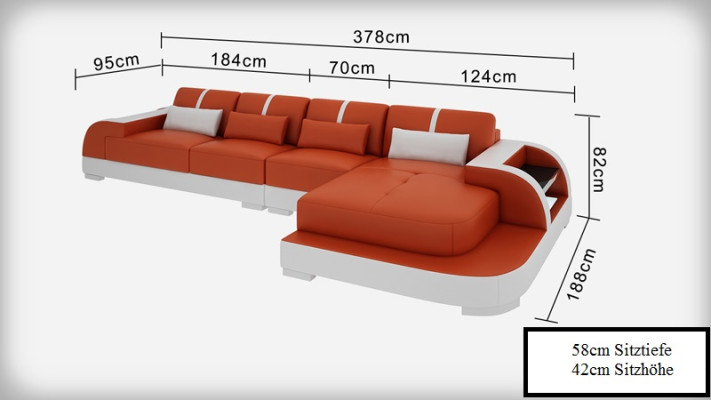 Ledersofa Couch Wohnlandschaft Ecksofa Eck Garnitur Design Modern Sofa LED USB