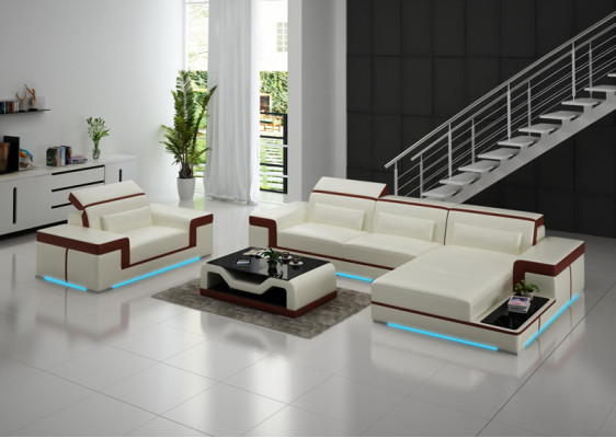 Ledersofa Couch Wohnlandschaft Ecksofa + Sessel Eck Garnitur Design Sofa mit USB