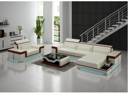 Ledersofa Couch Wohnlandschaft Ecksofa + Sessel Eck Garnitur Design Sofa mit USB