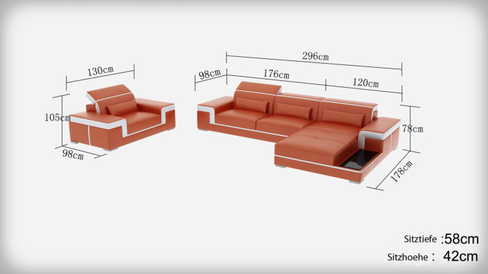 Ledersofa Couch Wohnlandschaft Ecksofa + Sessel Eck Garnitur Design Sofa mit USB