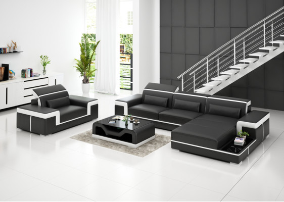Ledersofa Couch Wohnlandschaft Ecksofa + Sessel Eck Garnitur Design Sofa mit USB