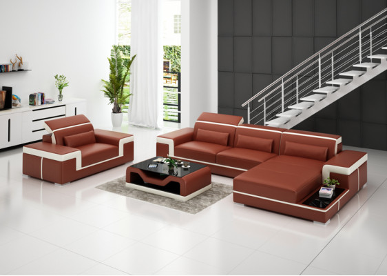 Ledersofa Couch Wohnlandschaft Ecksofa + Sessel Eck Garnitur Design Sofa mit USB