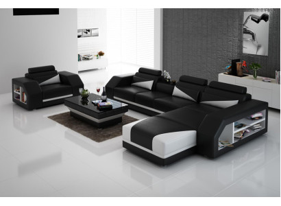 Ledersofa Couch Wohnlandschaft Ecksofa + Sessel Eck Design Modern Sofa LED USB