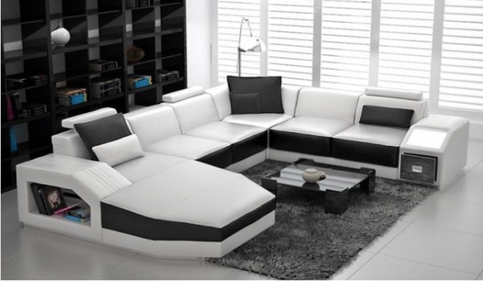 Ledersofa Ecksofa Big Sofa Sofa mit USB Polster Eck Wohnlandschaft mit Licht Neu