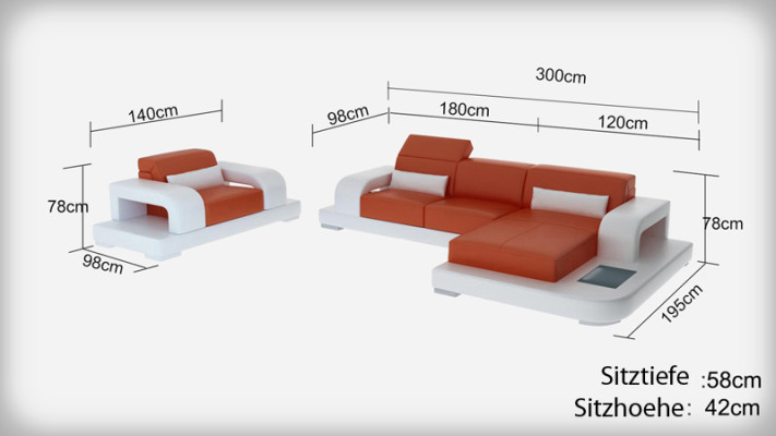 Ledersofa Wohnlandschaft Ecksofa L-förmig 1 Sitzer Garnitur Modern Sofa mit USB