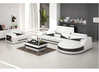 Ledersofa Couch Wohnlandschaft Ecksofa + Sessel Garnitur Design Sofa mit USB